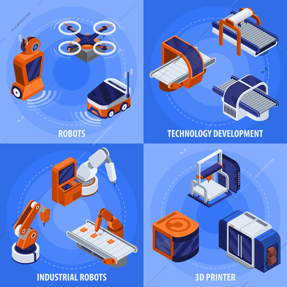 Smart industry isometric concept icons set with robots symbols isolated vector illustration