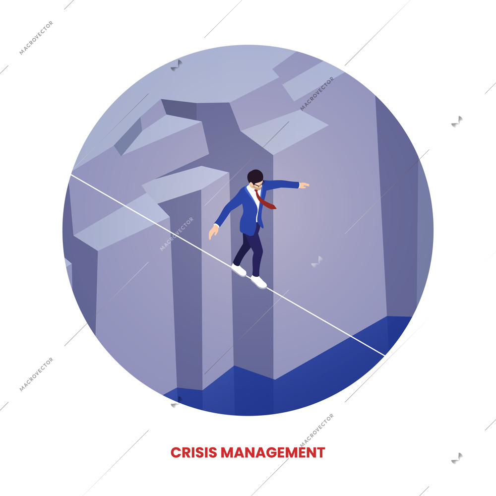 Crisis management concept with businessman balancing on the rope isometric vector illustration