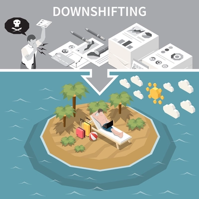 Downshifting simple living isometric conceptual poster with frustrated office worker and relaxed freelancer working on beach 3d vector illustration