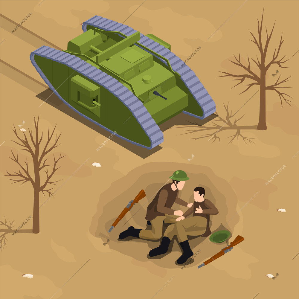 First world war isometric composition with armored tank and infantry in entrenchment vector illustration