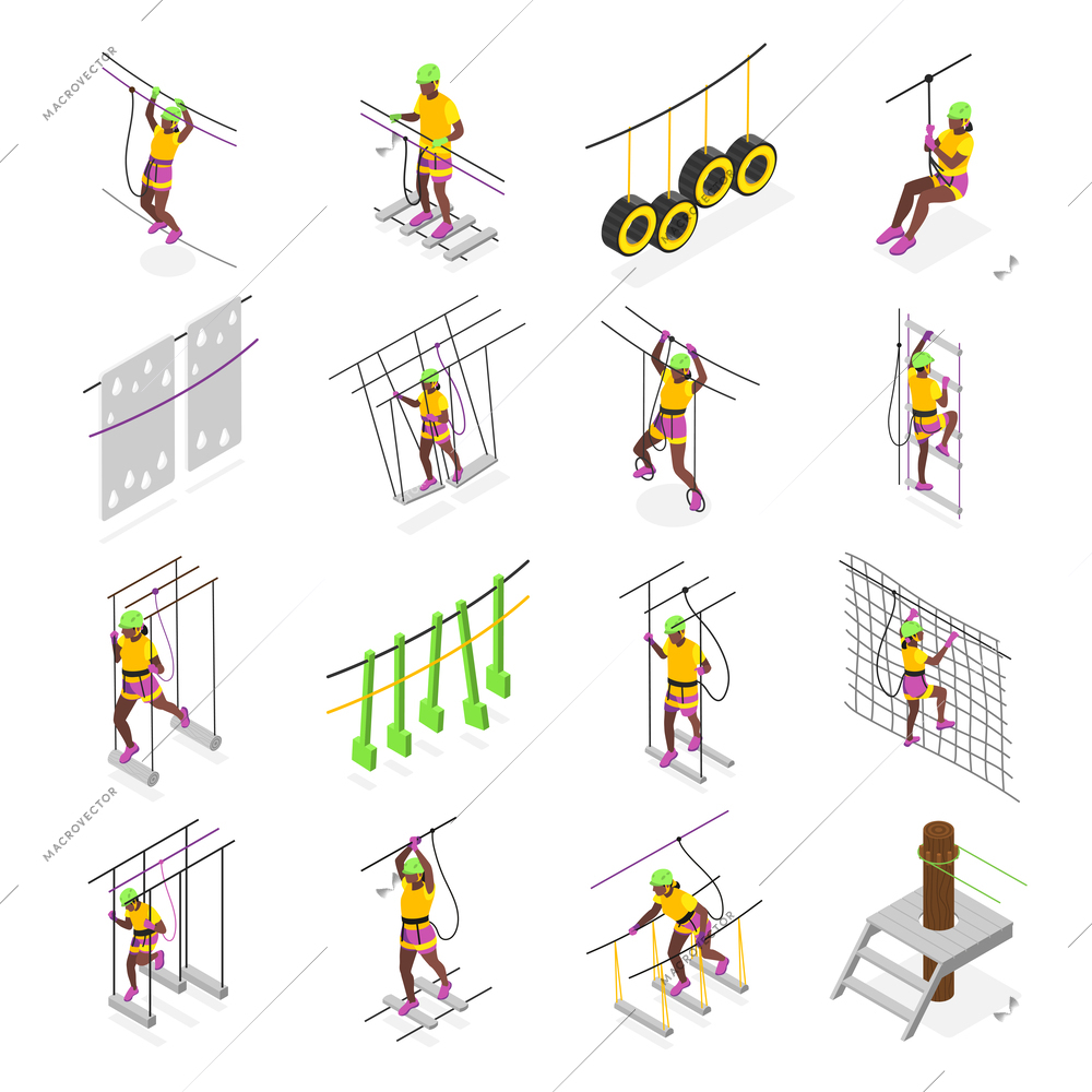 Extreme entertainment isometric set of people overcoming obstacles in rope park isolated vector illustration