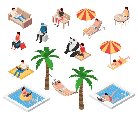 Digital nomads set of isometric icons with isolated human characters of freelancers sitting lying on objects vector illustration