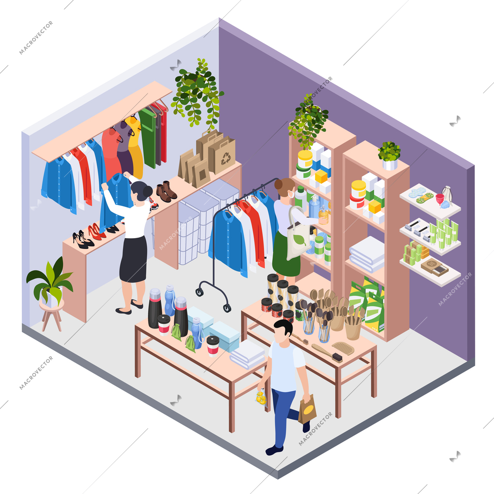 Sustainable living zero waste 3d illustration of store interior with ecological production isometric vector illustration