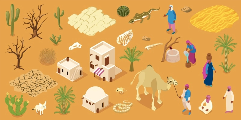 Arab desert landscape with traditional mud brick houses people flora and fauna isometric horizontal background vector illustration