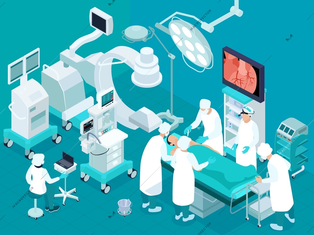 Cardiac surgery isometric background with people in medical white coats performing heart surgery in operating room interior vector illustration