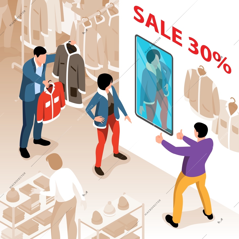 Isometric outerwear store composition with indoor view of couple shopping clothes in boutique with shop assistant vector illustration