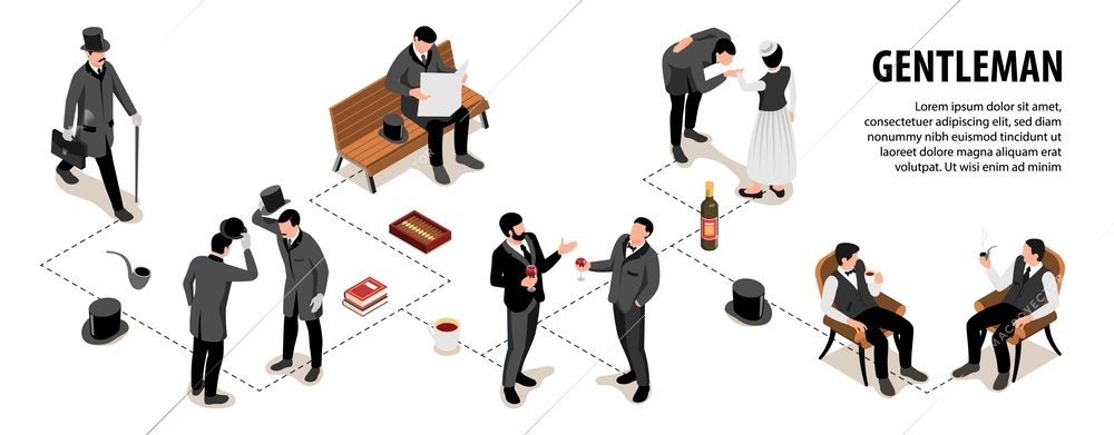 Isometric gentleman infographics with flowchart of isolated human characters of vintage men activities with editable text vector illustration