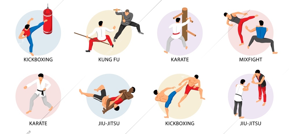 Isometric martial arts set of isolated round compositions with text captions and characters of sparring athletes vector illustration