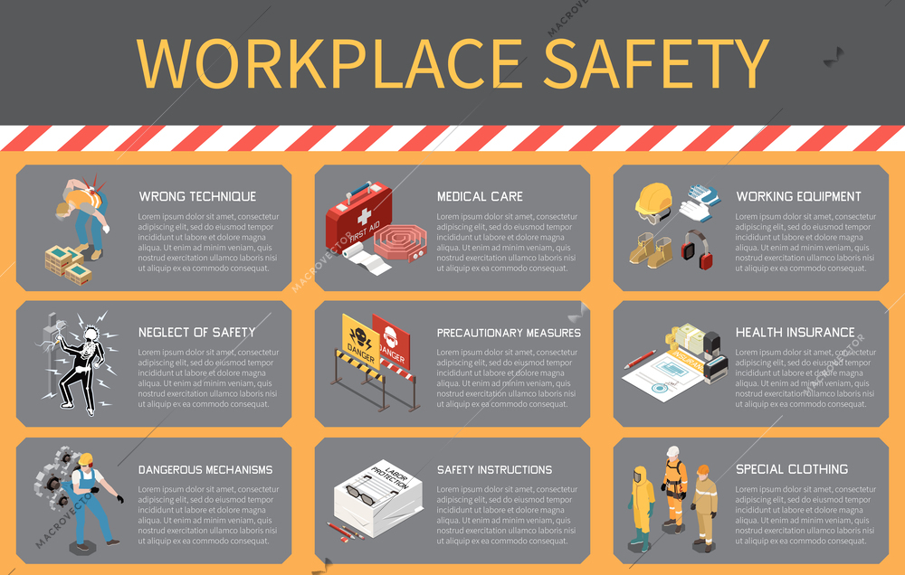 Isometric workplace safety infographics presenting information about accidents special clothing medical care instructions 3d vector illustration