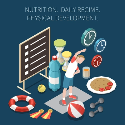 Preschool education physical development daily routine composition with boy doing exercise and 3d objects isometric vector illustration