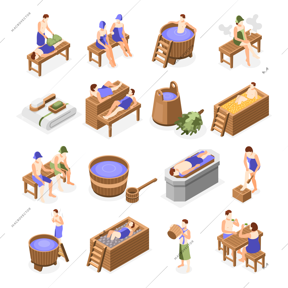 Bathhouse and spa relaxing isometric icons set of people spending time in steam bath jacuzzi hammam with massage and relax procedures isolated vector illustration