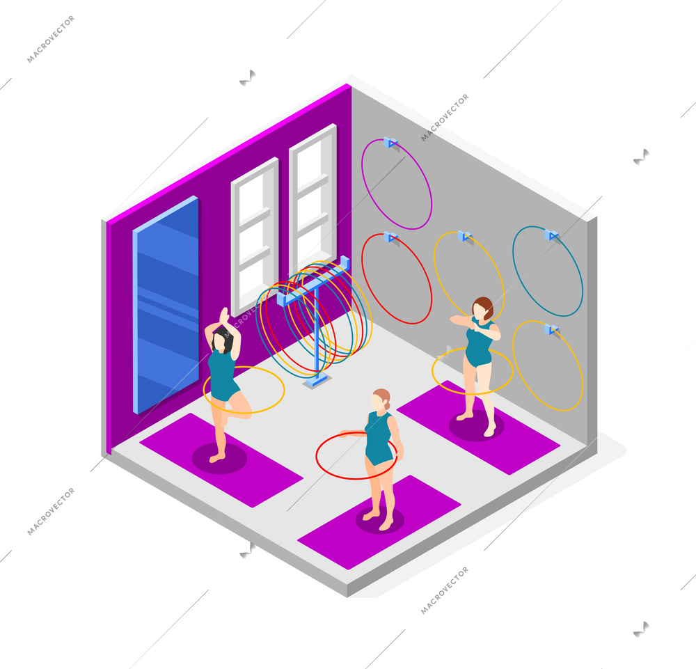 Indoor active space time isometric design concept with female characters exercising with hula hoop 3d vector illustration
