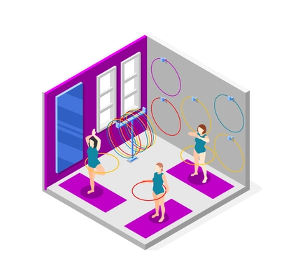 Indoor active space time isometric design concept with female characters exercising with hula hoop 3d vector illustration