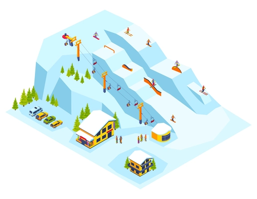 Ski resort isometric composition with car parking near chalet and people skiing in snowy slope with cableway vector illustration