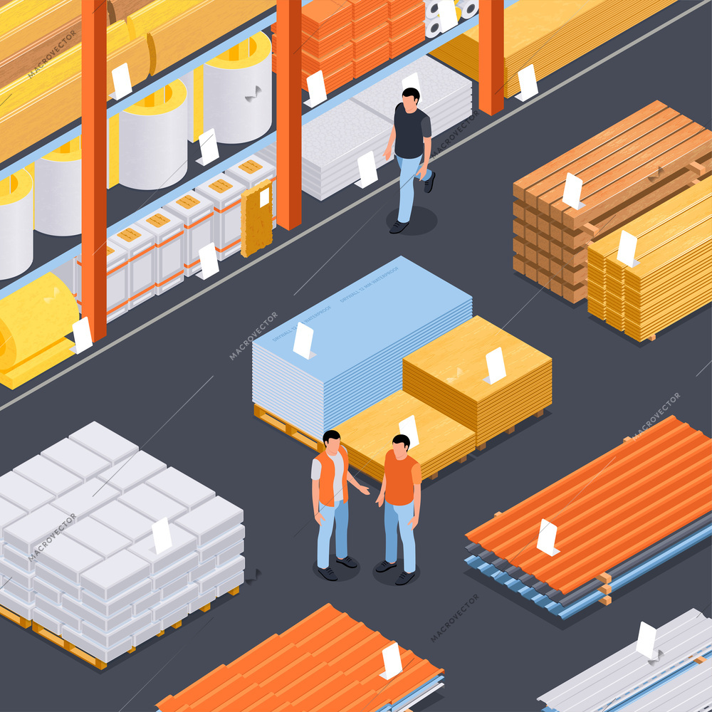 Isometric construction materials market composition three storekeepers in a warehouse with pallets vector illustration
