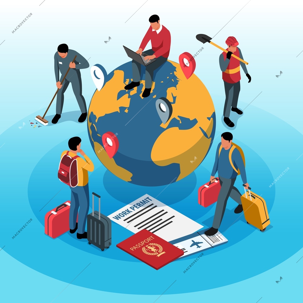 Isometric concept of working abroad with human characters of migrant workers and documents 3d vector illustration