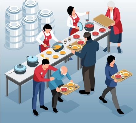 Volunteering charity isometric composition with women feeding poor and elderly people at soup kitchen 3d vector illustration