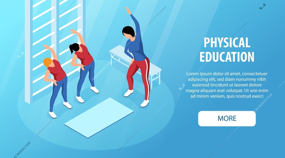 Isometric horizontal web banner with female teachers and two students doing exercises in physical education lesson 3d vector illustration