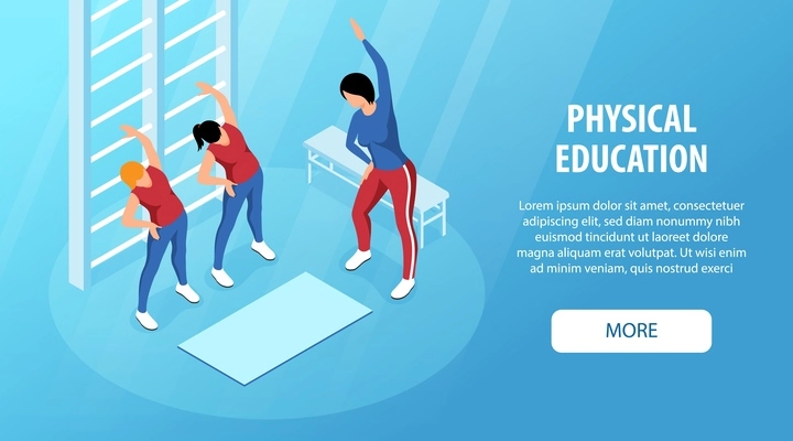 Isometric horizontal web banner with female teachers and two students doing exercises in physical education lesson 3d vector illustration