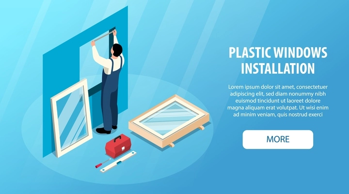 Isometric horizontal web banner with worker installing new plastic windows on blue background 3d vector illustration