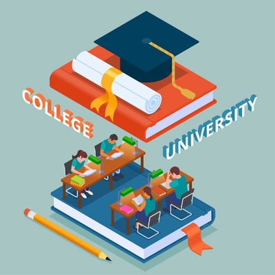 Isometric university composition with college students studing in library vector illustration