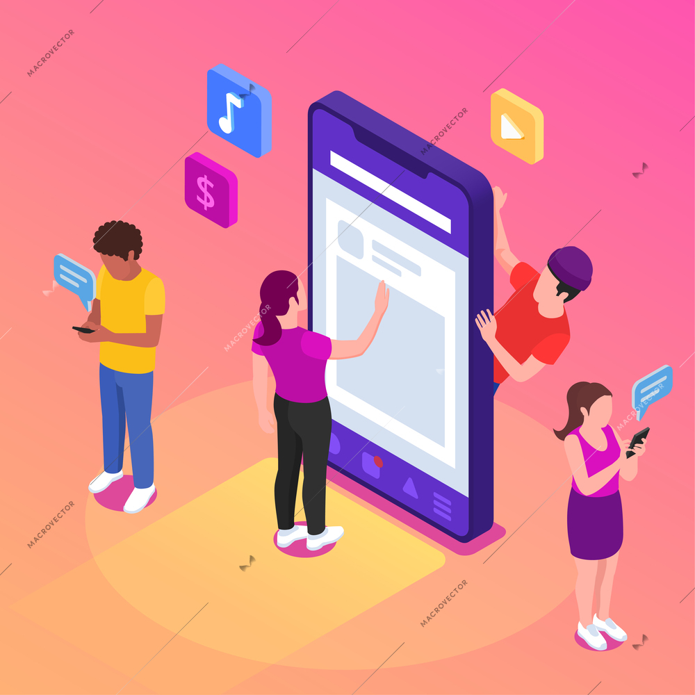 Generation Z isometric concept with young people using smartphone vector illustration