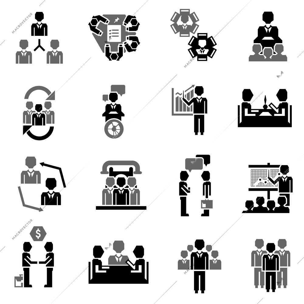 Meeting icon black set with job partnership corporate training elements isolated vector illustration