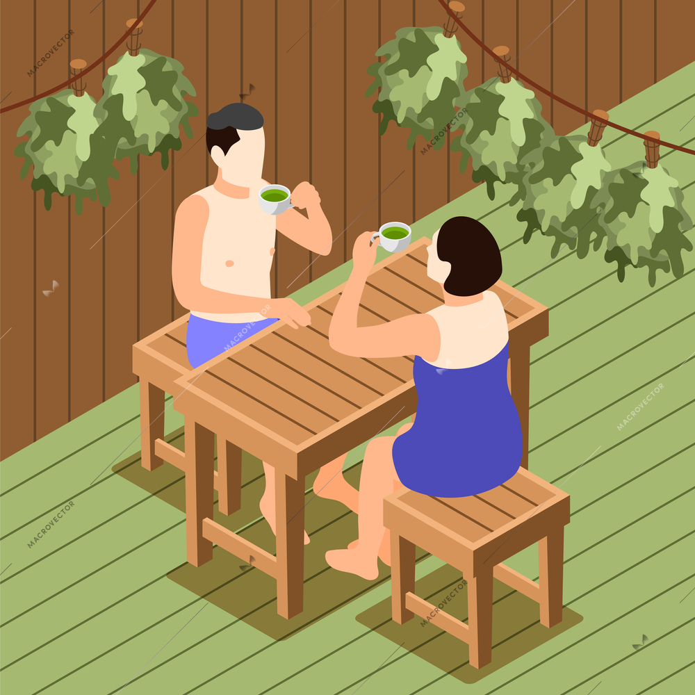 Bathhouse and spa relaxing isometric background with male and female characters drinking tea after cleaning vector illustration