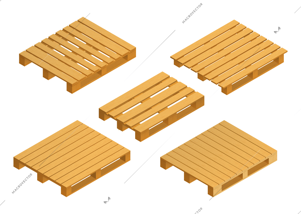 Wooden pallets fo freight and shipping isometric icons set isolated vector illustration