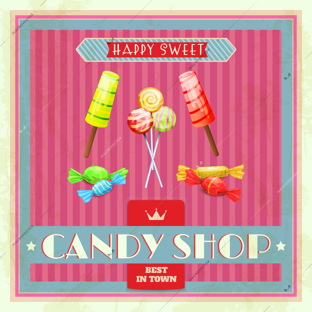 Sweet candy shop poster with lollipop candies and ice cream vector illustration