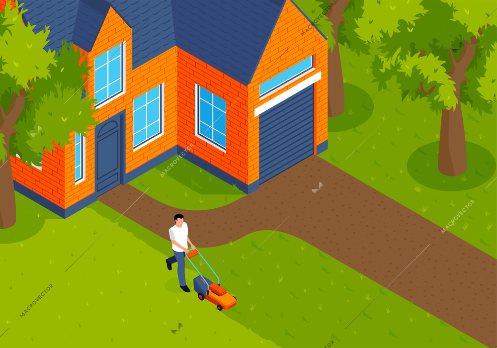 Isometric lawn mower concept with man cutting grass on house backyard vector illustration