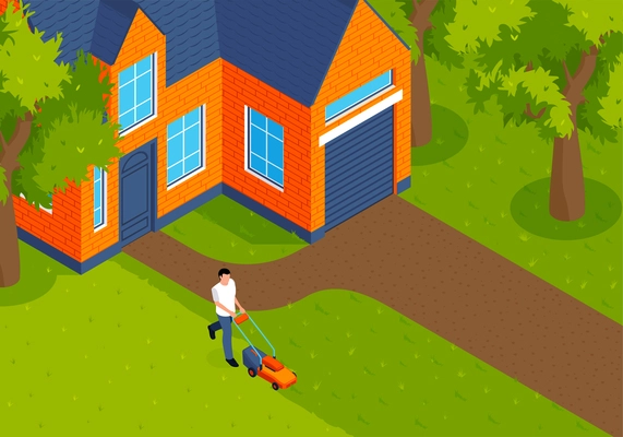 Isometric lawn mower concept with man cutting grass on house backyard vector illustration