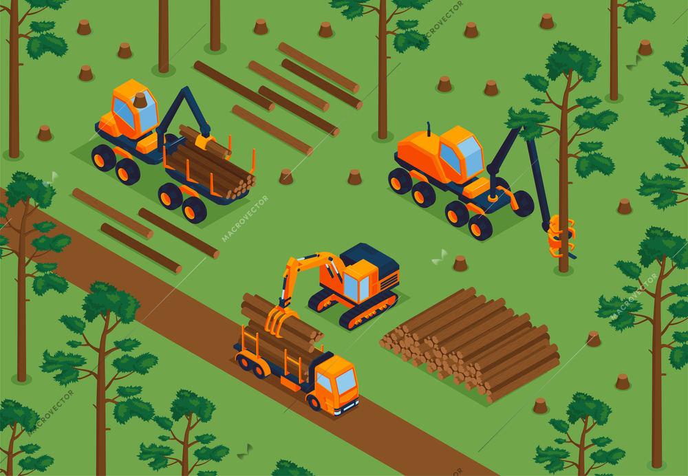 Isometric sawmill concept with woodsorking machinery in forest vector illustration