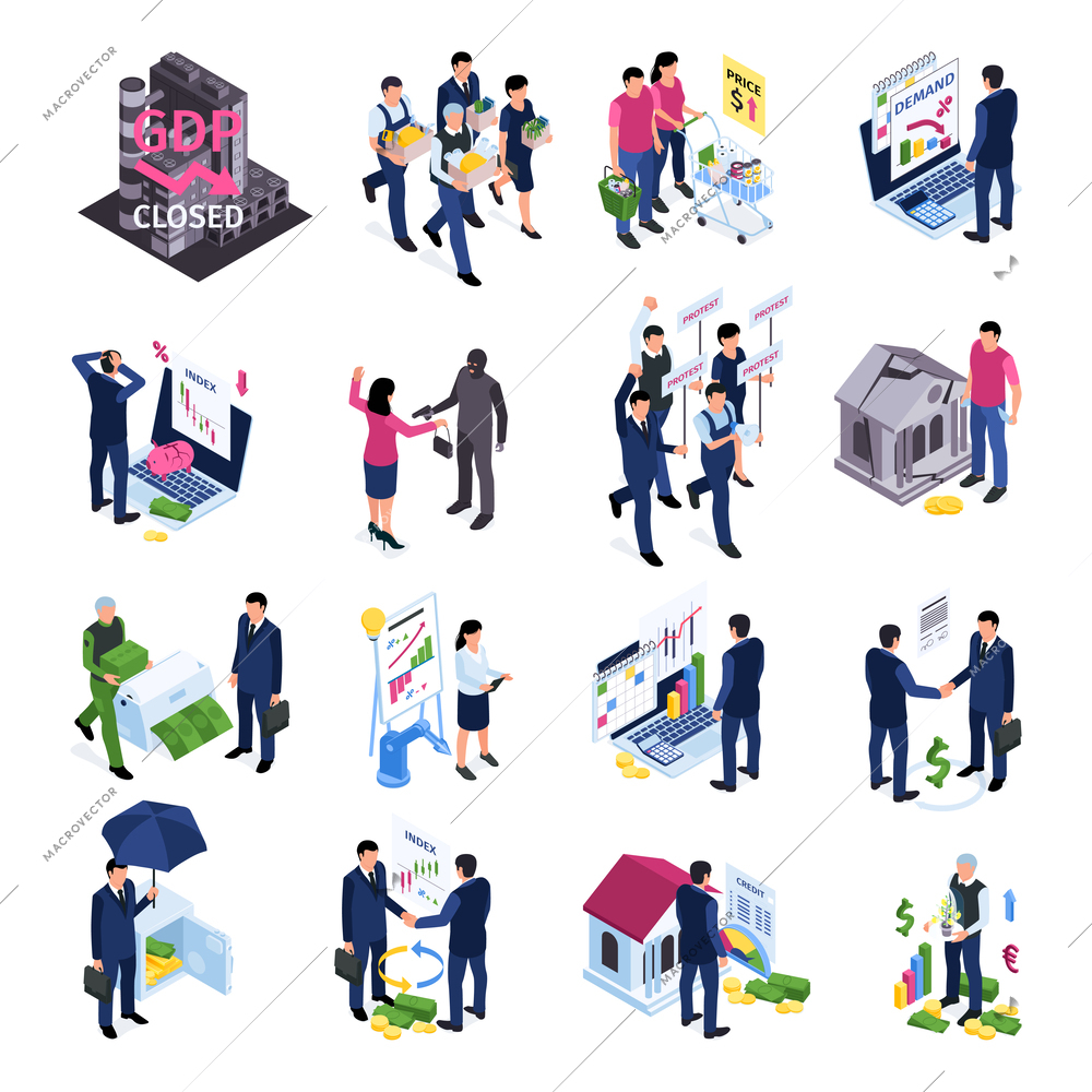 Isometric business crisis and economics recovery symbols isolated vector illustration