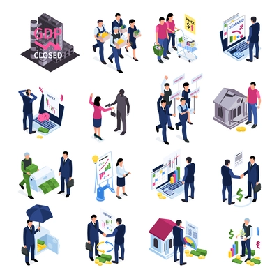 Isometric business crisis and economics recovery symbols isolated vector illustration