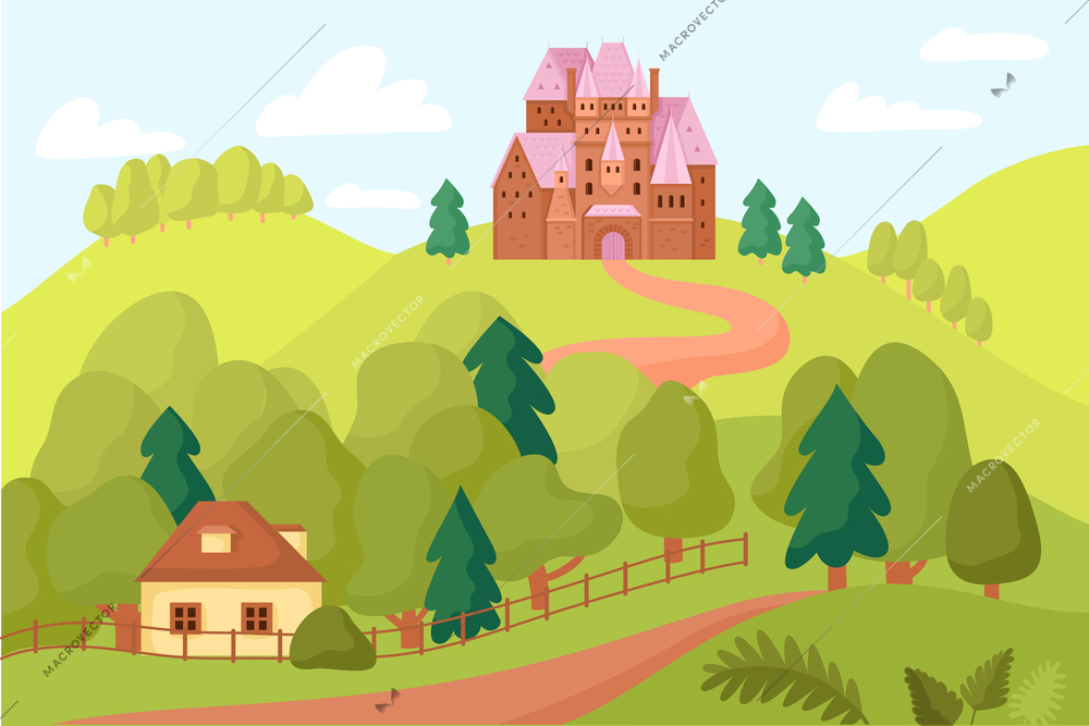 Medieval kingdom composition with outdoor village road scenery with small house trees and castle on hill vector illustration