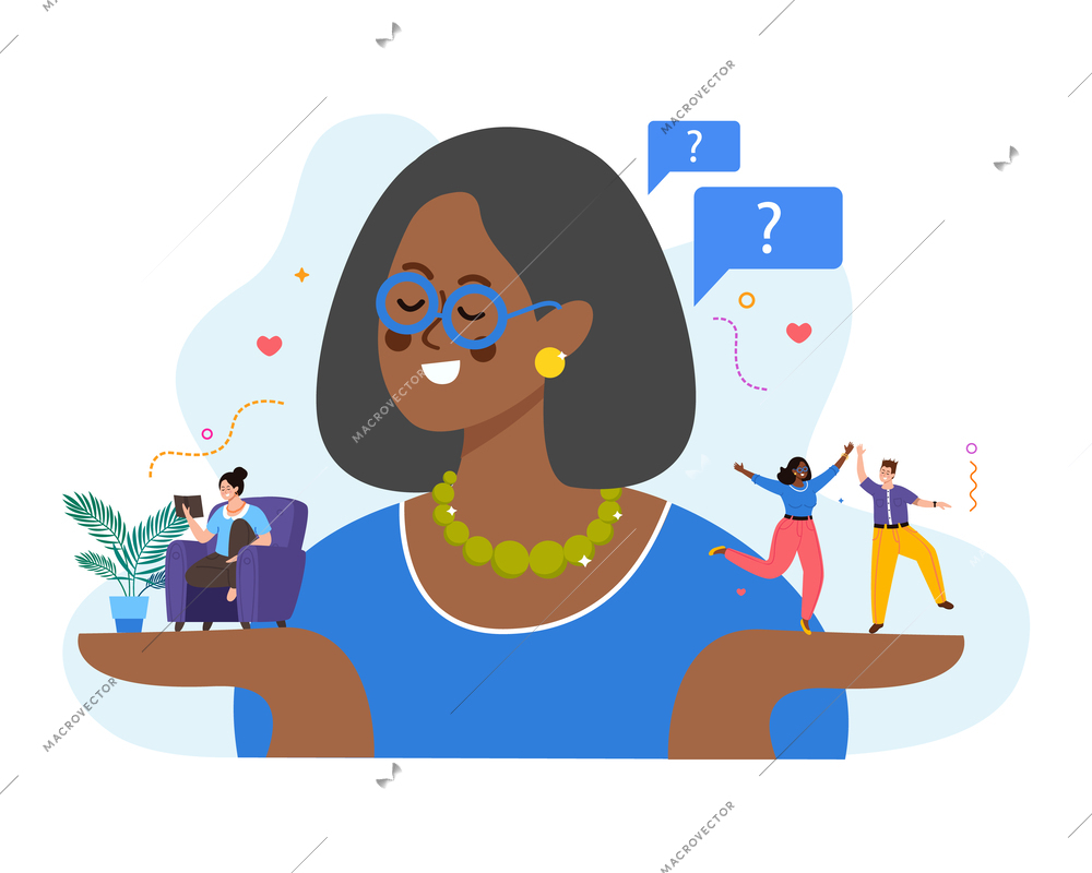 Introvert and extrovert people flat composition with black woman holding on her palms little human characters with different tempers and various life style vector illustration