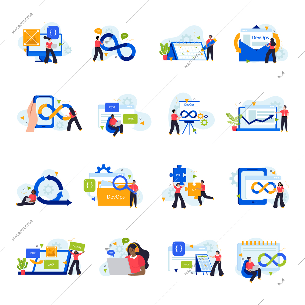 Devops workflow flat icons set of working programmers and engineers characters  programming languages signs and infinity symbols isolated vector illustration