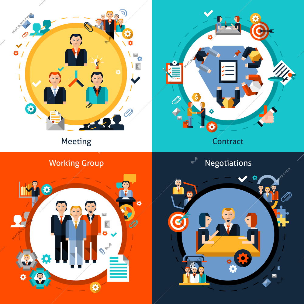 Business meeting design concept set with meeting contract working group negotiations flat icons isolated vector illustration