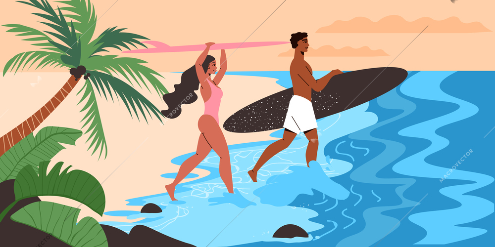 Rest on tropical beach flat background with man and woman going into sea with surfboards vector illustration