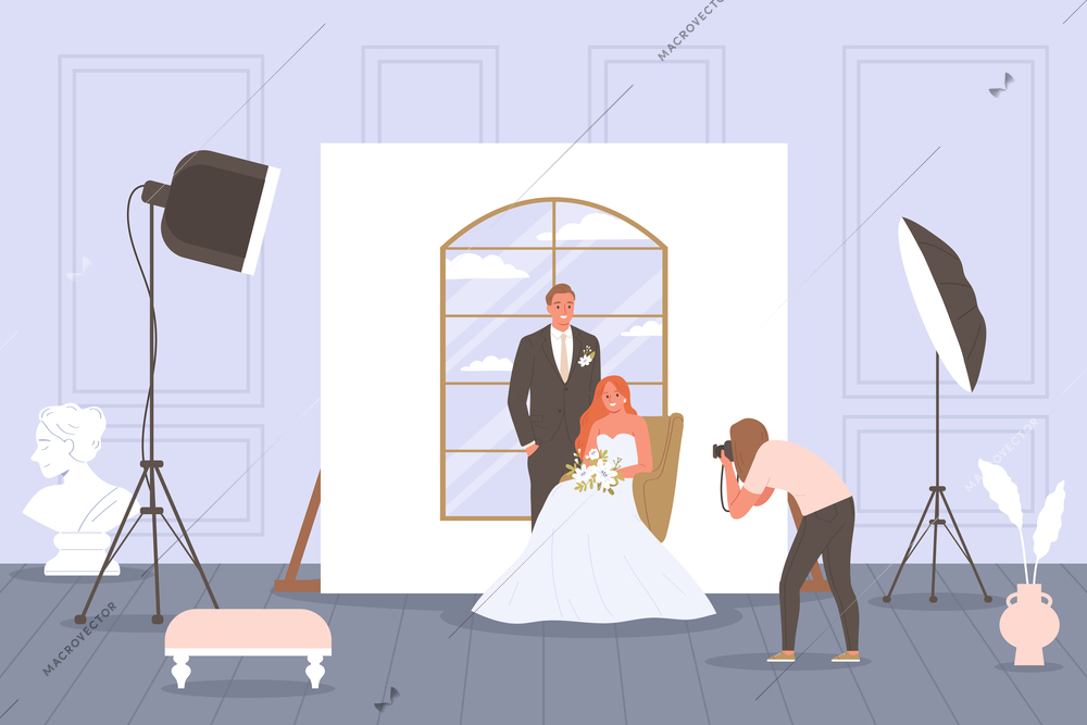 Wedding ceremony composition with indoor photo studio scenery and photographer taking shots of newly wedded couple vector illustration