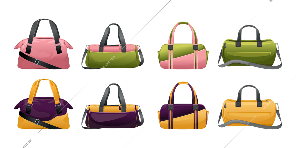 Colored gym bags icon set pink green and brown yellow bags for athletic uniforms vector illustration