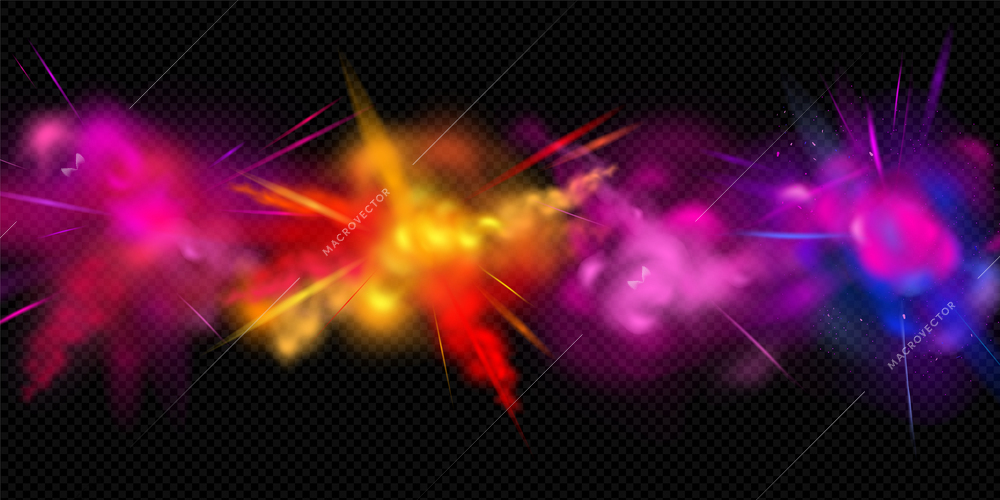 Realistic colored splashes concept four colorful powder blasts on a black background vector illustration