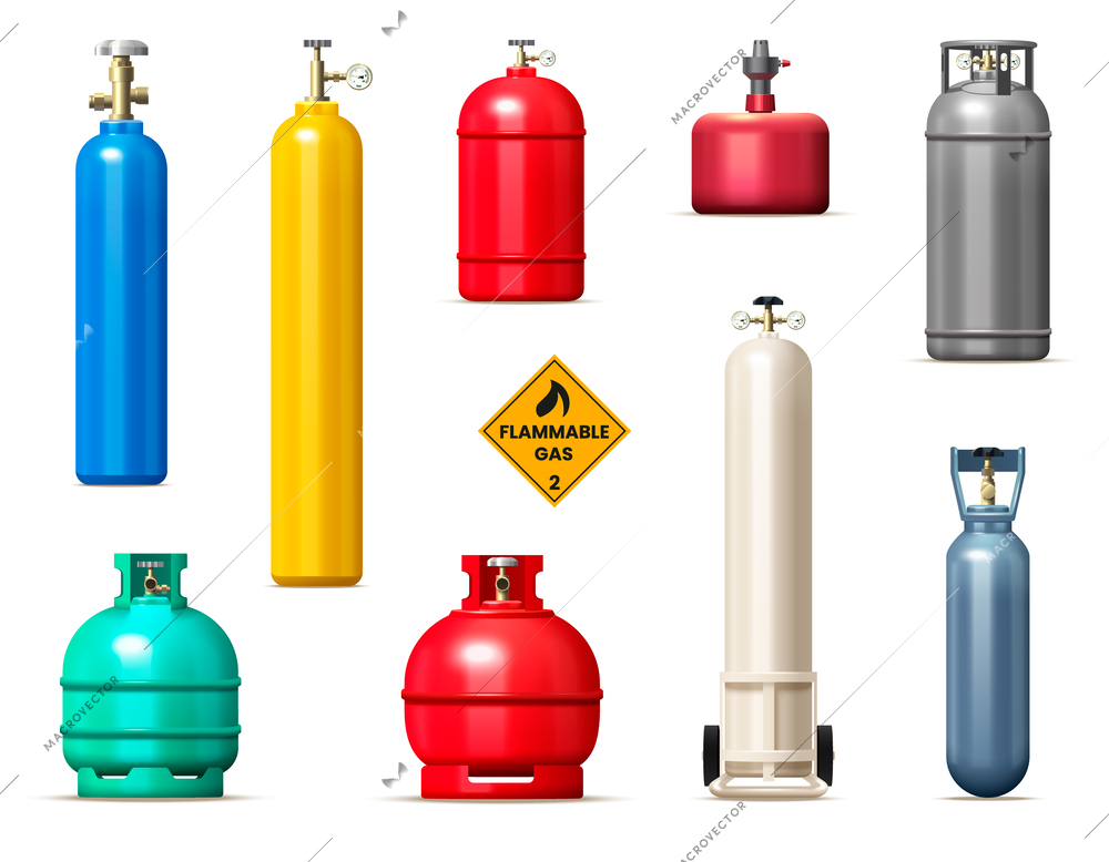 Gas cylinders and tanks realistic set with flammable gas symbols isolated vector illustration