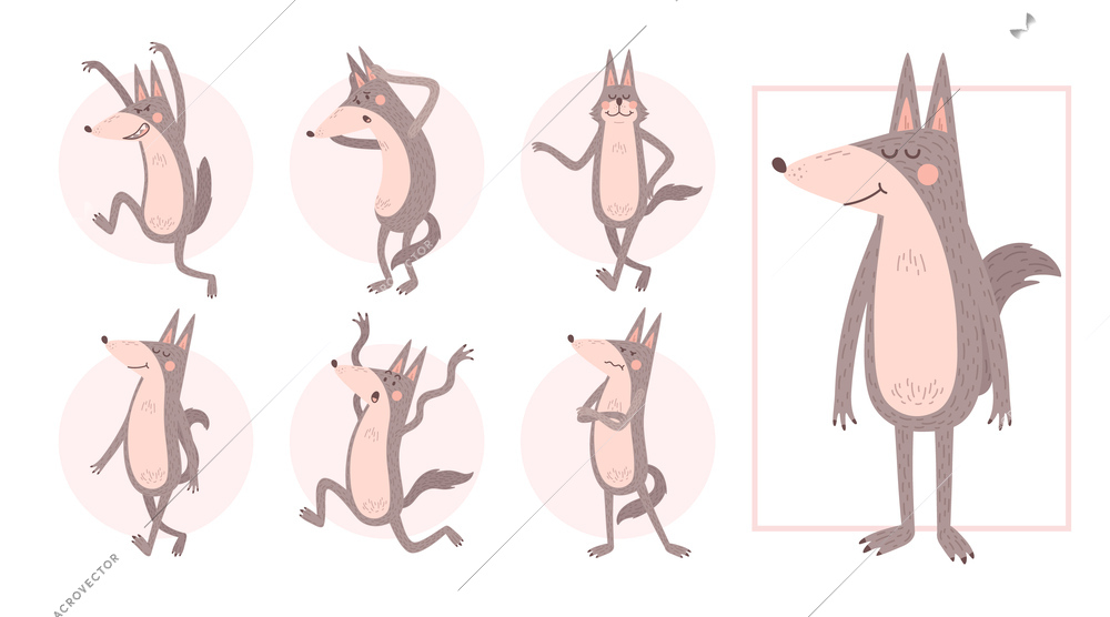 Cute wolf character expressing different emotions cartoon set isolated vector illustration