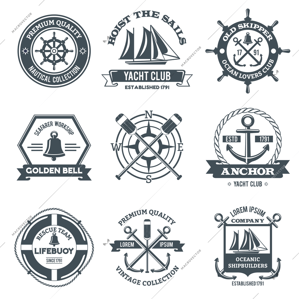 Nautical label sea and ocean yacht journey black emblems set isolated vector illustration