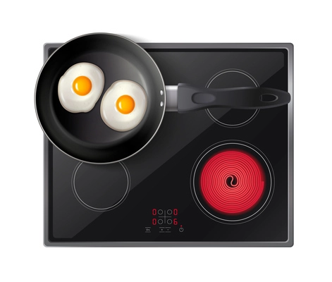 Cookware realistic top view composition with frying pan with two fried eggs on induction cooker vector illustration