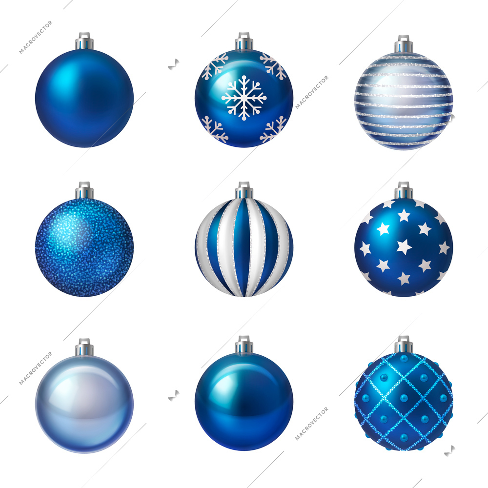 Realistic set of shiny blue and white christmas balls with various patterns isolated vector illustration