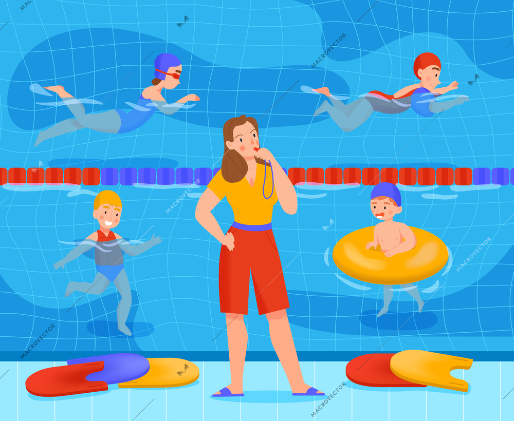 Kids swimming pool class composition female swim coach whistles at children in the pool vector illustration