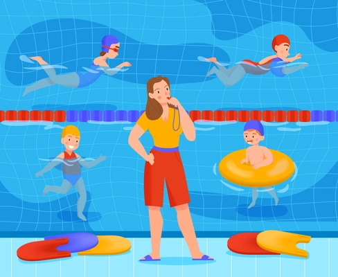 Kids swimming pool class composition female swim coach whistles at children in the pool vector illustration